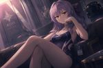 Image in style of Cytus and Sdorica by Rayark, close-up, dutch angle, with LUT color filter applied. Featuring Hiiragi Shinoa from "Owari no Seraph". She is wearing a aGlnaC1jdXQgY29tcGV0aXRpdmUgc3dpbXN1aXQ= . sitting on couch, in relaxed pose, with sceptical look, laying one leg on other
