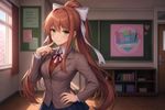 Make an artwork of Monika ("Doki Doki Literature Club"), posing in her uniform.
