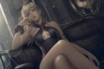 Image in style of Cytus and Sdorica by Rayark, close-up, dutch angle, with LUT color filter applied. Featuring Queen from "Final Fantasy Type-0". She is wearing a aGlnaC1jdXQgY29tcGV0aXRpdmUgc3dpbXN1aXQ= . sitting on couch, in relaxed pose, with dreamy expression, laying one leg on other
