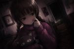 Image in style of Cytus and Sdorica by Rayark, close-up, dutch angle. Featuring Madotsuki from Yume Nikki.
The interior of the house was stale and quiet, smelling faintly of dust and old incense. It was unnervingly silent, devoid of the hum of a refrigerator or the background noise of a television. The shadows stretched long across the walls. Madotsuki stopped a few paces into the darkness. She reached into the deep pocket of her magenta sweater and pulled out a small, worn stuffed cat. She hugged it to her chest with one arm, her other hand coming up to pinch her cheek again—a sharp, grounding gesture.
