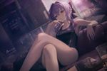 Image in style of Cytus and Sdorica by Rayark, close-up, dutch angle, with LUT color filter applied. Featuring Hiiragi Shinoa from "Owari no Seraph". She is wearing a aGlnaC1jdXQgY29tcGV0aXRpdmUgc3dpbXN1aXQ= . sitting on couch, in relaxed pose, with dreamy expression, laying one leg on other

