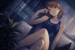 Image in style of Cytus and Sdorica by Rayark, close-up, dutch angle, with LUT color filter applied. Featuring Yukari Takeba from "Persona 3". She is wearing a aGlnaC1jdXQgY29tcGV0aXRpdmUgc3dpbXN1aXQ= . sitting on couch, in relaxed pose, with dreamy expression, laying one leg on other
