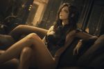 Image in style of Cytus and Sdorica by Rayark, close-up, dutch angle, with LUT color filter applied. Featuring an anime character who is a female character inspired by Adam Jensen from Deus Ex Human Revolution (a female version of Jensen, with a bit longer hair length). She is wearing a aGlnaC1jdXQgY29tcGV0aXRpdmUgc3dpbXN1aXQ= . sitting on couch, in relaxed pose, with dreamy expression, laying one leg on other
