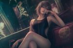 Image in style of Cytus and Sdorica by Rayark, close-up, dutch angle, with LUT color filter applied. Featuring Rem Tokimiya from "Final Fantasy Type-0". She is wearing a aGlnaC1jdXQgY29tcGV0aXRpdmUgc3dpbXN1aXQ= . sitting on couch, in relaxed pose, with dreamy expression, laying one leg on other
