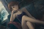 Image in style of Cytus and Sdorica by Rayark, close-up, dutch angle, with LUT color filter applied. Featuring Yukari Takeba from "Persona 3". She is wearing a aGlnaC1jdXQgY29tcGV0aXRpdmUgc3dpbXN1aXQ= . sitting on sofa, in relaxed pose, with dreamy expression, laying one leg on other
