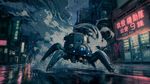 
Anime illustration in the style of Ghost in the Shell: Stand Alone Complex, cel-shaded with muted cyanteal color palette and high contrast noir lighting. A Tachikoma think-tank mech bursting at full speed out of a dense cloud of gray-white smoke on a rain-slicked Tokyo backstreet at dusk, its four legs splayed mid-gallop, optical sensors glowing bright cerulean blue, small body tilted forward with momentum. Long dramatic tendrils and ribbons of smoke trailing behind it like ghostly tails, swirling in turbulent vortices from the speed. Wet asphalt reflecting neon kanji signage in pink and teal, puddles splashing under mechanical feet. Background: dense urban canyon of Tokyo — layered buildings, exposed cable bundles, vending machines, narrow alley perspective vanishing point. Debris particles and sparks scattered in the air. Dynamic low-angle shot, extreme motion blur on background, speed lines integrated organically into smoke trails. Cinematic composition, anamorphic lens distortion at edges. Atmosphere: gritty, electric, kinetic energy. Color grading: deep teals, steel blues, punctuated by warm neon orange-pink accents from signage. Production I.G. animation quality, Kenji Kamiyama directorial style.
