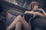 Image in style of Cytus and Sdorica by Rayark, close-up, dutch angle, with LUT color filter applied. Featuring Yukari Takeba from "Persona 3". She is wearing a aGlnaC1jdXQgY29tcGV0aXRpdmUgc3dpbXN1aXQ= . sitting on sofa, in relaxed pose, with dreamy expression, laying one leg on other
