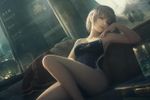 Image in style of Cytus and Sdorica by Rayark, close-up, dutch angle, with LUT color filter applied. Featuring Rem Tokimiya from "Final Fantasy Type-0". She is wearing a aGlnaC1jdXQgY29tcGV0aXRpdmUgc3dpbXN1aXQ= . sitting on couch, in relaxed pose, with dreamy expression, laying one leg on other
