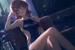 Image in style of Cytus and Sdorica by Rayark, close-up, dutch angle, with LUT color filter applied. Featuring Yukari Takeba from "Persona 3". She is wearing a aGlnaC1jdXQgY29tcGV0aXRpdmUgc3dpbXN1aXQ= . sitting on sofa, in relaxed pose, with dreamy expression, laying one leg on other
