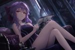 Image in style of Cytus and Sdorica by Rayark, close-up, dutch angle, with LUT color filter applied. Featuring Hiiragi Shinoa from "Owari no Seraph". She is wearing a aGlnaC1jdXQgY29tcGV0aXRpdmUgc3dpbXN1aXQ= . sitting on couch, in relaxed pose, with sceptical look, and drawls something, laying one leg on other
